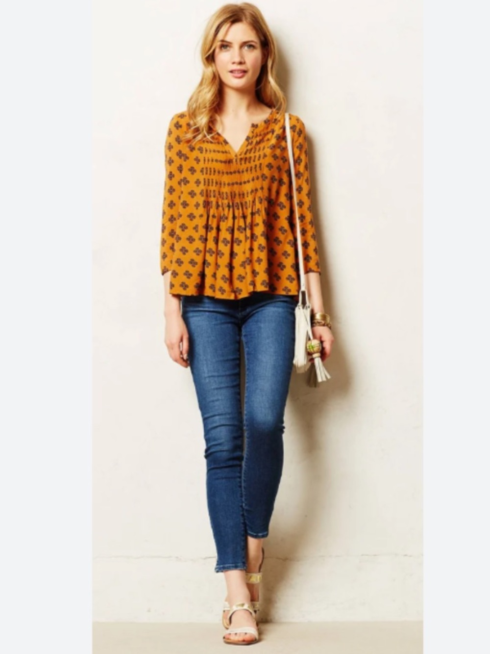 Vanessa Virgina for Anthro- Medium Blouse flowy orange and navy patterned blouse